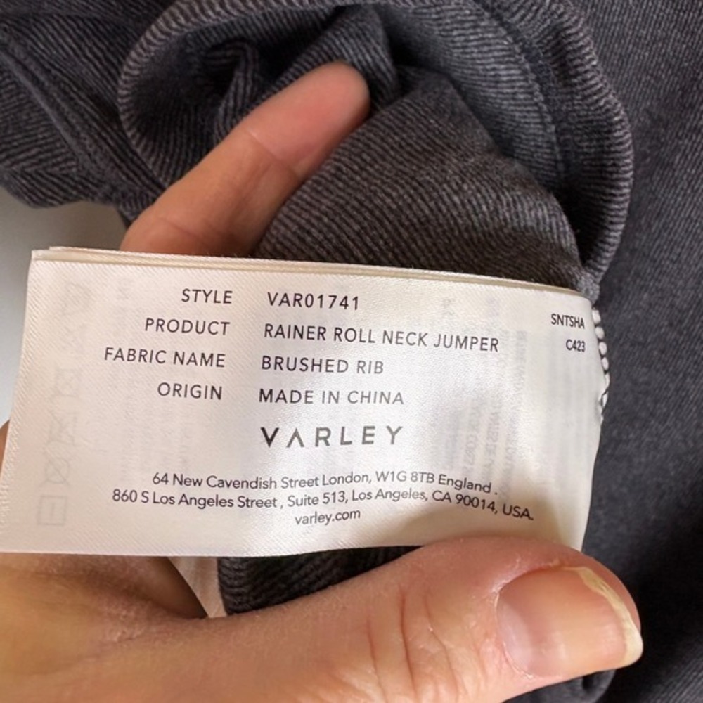 VARLEY Rainer Roll Neck Jumper Brushed Rib Charcoal Gray Sweatshirt XS - Picture 7 of 8